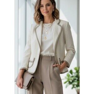 RARE- EXPRESS SWAN IVORY TWEED BUTTON BLAZER JACKET SZ 6 With Lux Olive Piping